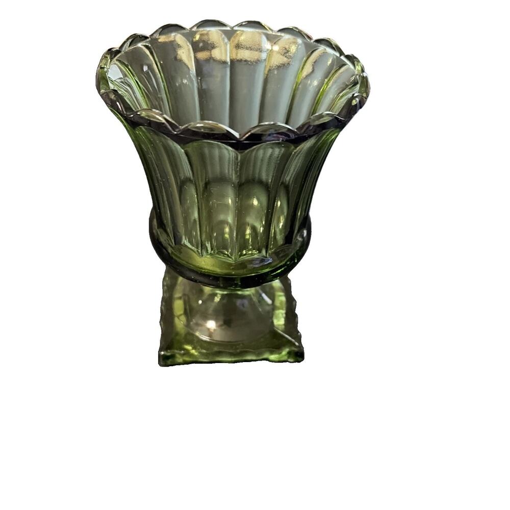 Vintage Indiana Glass Avocado Green Square Pedestal Vase With Scalloped Edges